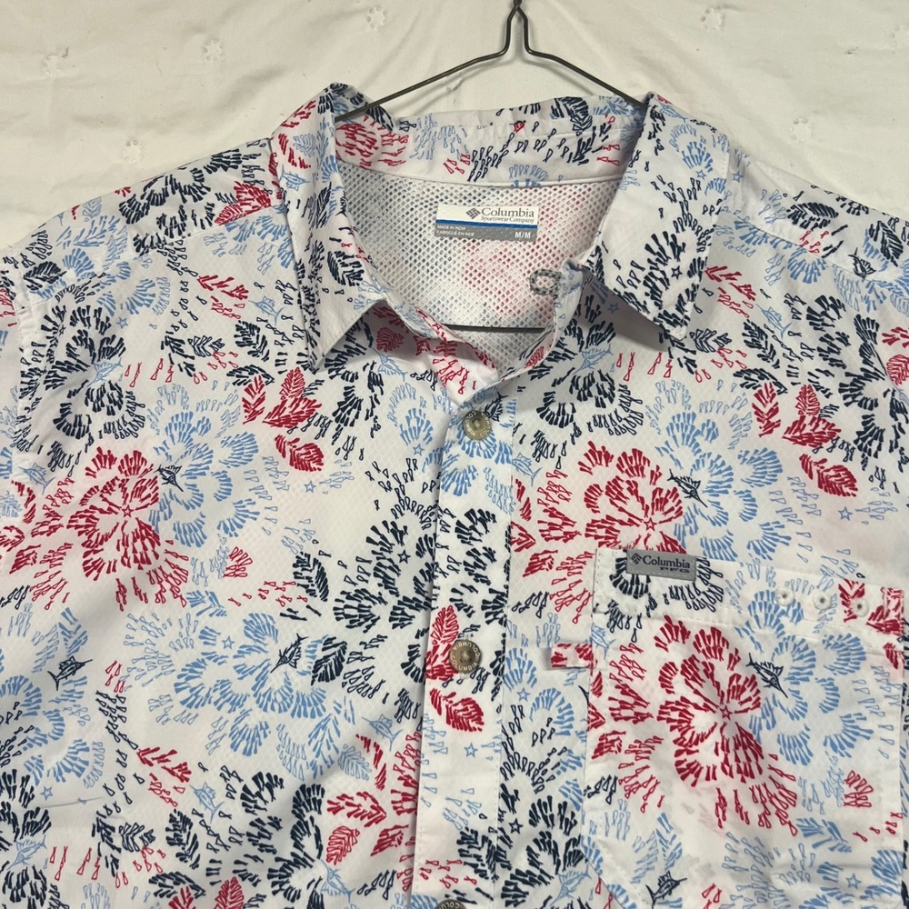 Columbia PFG Tamiami Fishing Shirt Mens Medium White Red Blue Marlin FM1039